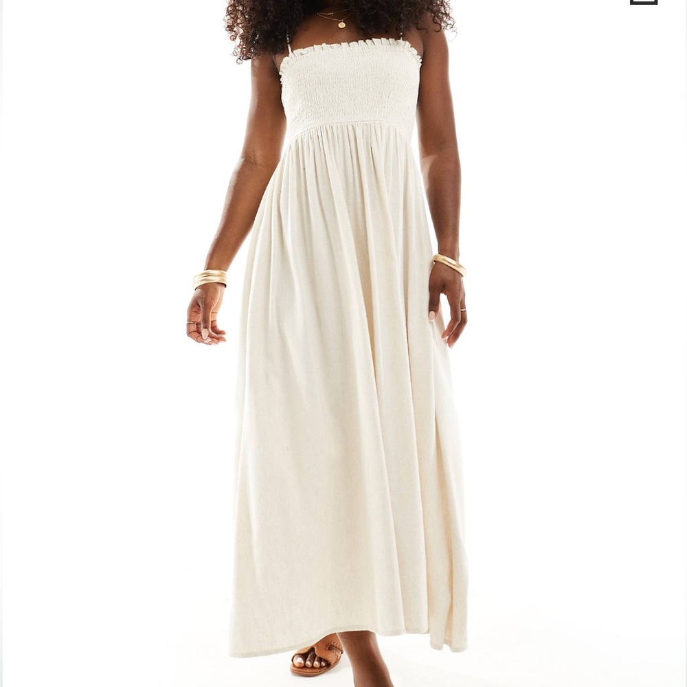 ASOS Design Linen Look Shirred Bandeau Beach Midi Dress in Cream, Size 10 NWT